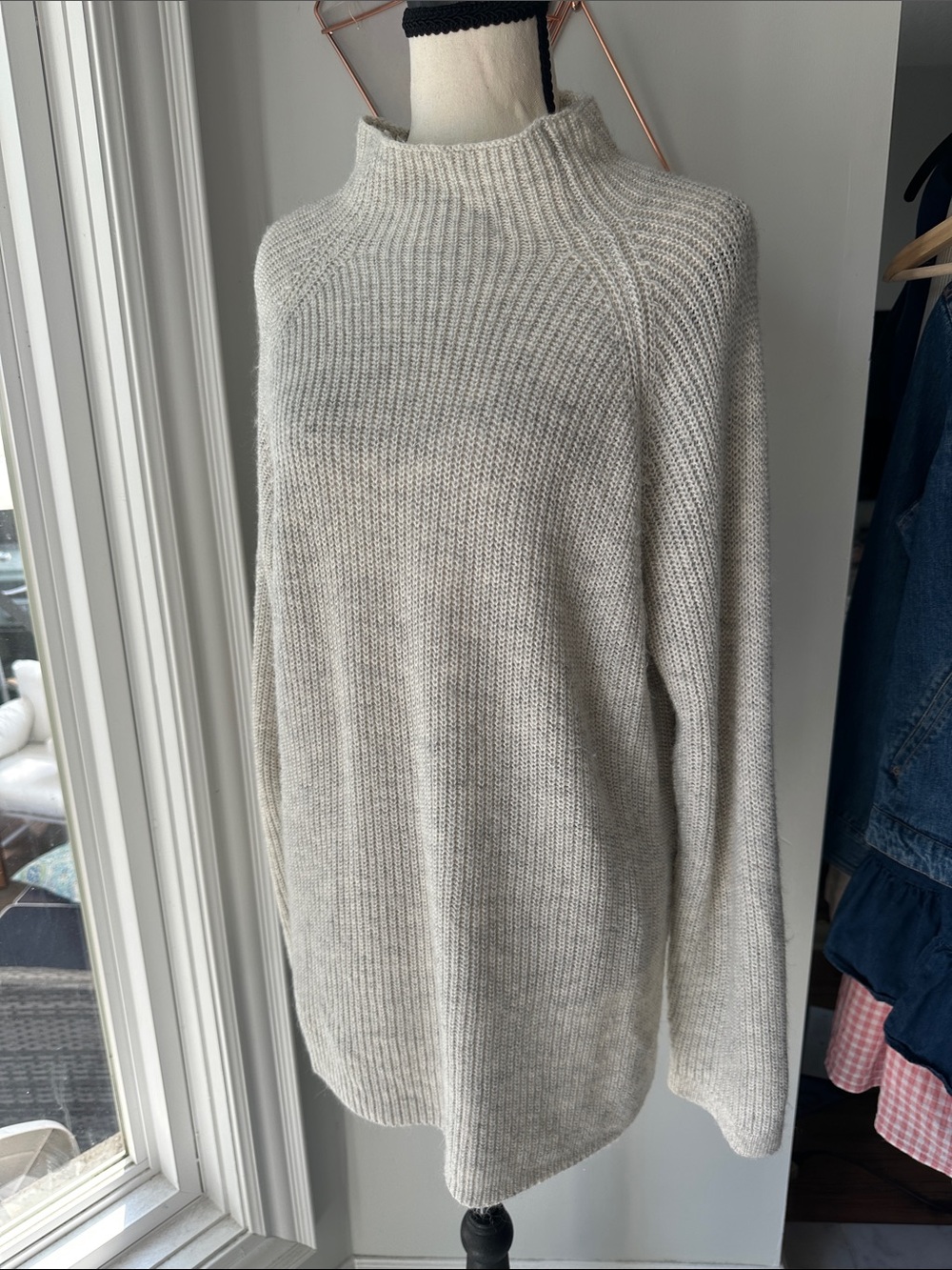 TRIBAL JEANS Light Heather Gray Beige Mock Funnel Neck Knit Sweater Top Sz Large